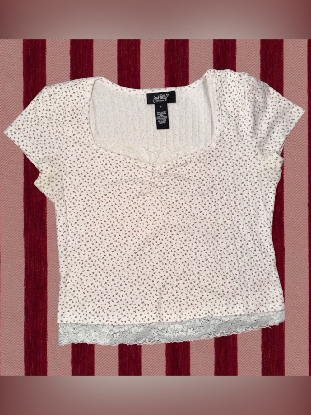 White Ditsy Floral Lace-Hem Women's Top